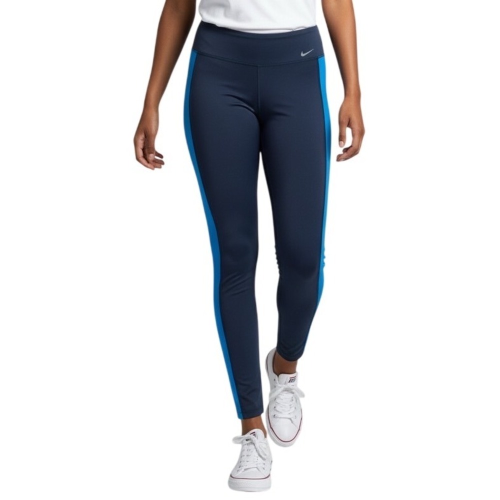 Nike Dri-FIT Womens Navy Blue Turquoise Side Stripe Running‎ Leggings Size M